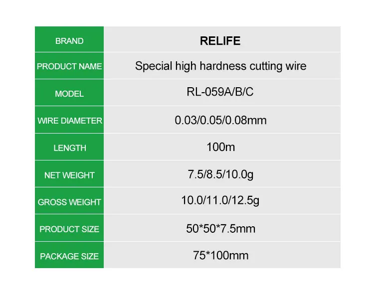 Relife RL-059A 059B 059C Special High Hardness Diamond Wire Molybdenum Cutting Wire for Screen LCD Separating 0.03/0.05/0.08MM low temp welding rod