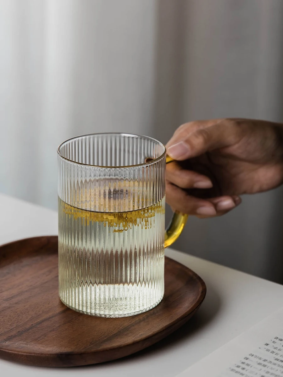 Heat Resistant Vertical Ripple Glass Mug with Yellow Handle Clear Tea Cup  Drip Coffee Tea Water Juice Cup 300ml 500ml 1 Pc