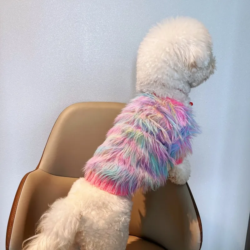 가을 겨울 애완견 의류 패션 한국식 무지개 니트 조끼 소형 중형견 요크셔 푸들 강아지 작업복 코트