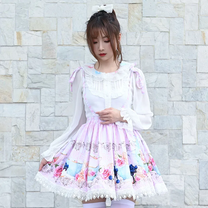 

Ainclu Original Japanese Soft Sister Grape Flower Print Lace Sweet Pleated Lolita Suspender Skirt Lolita Skirt