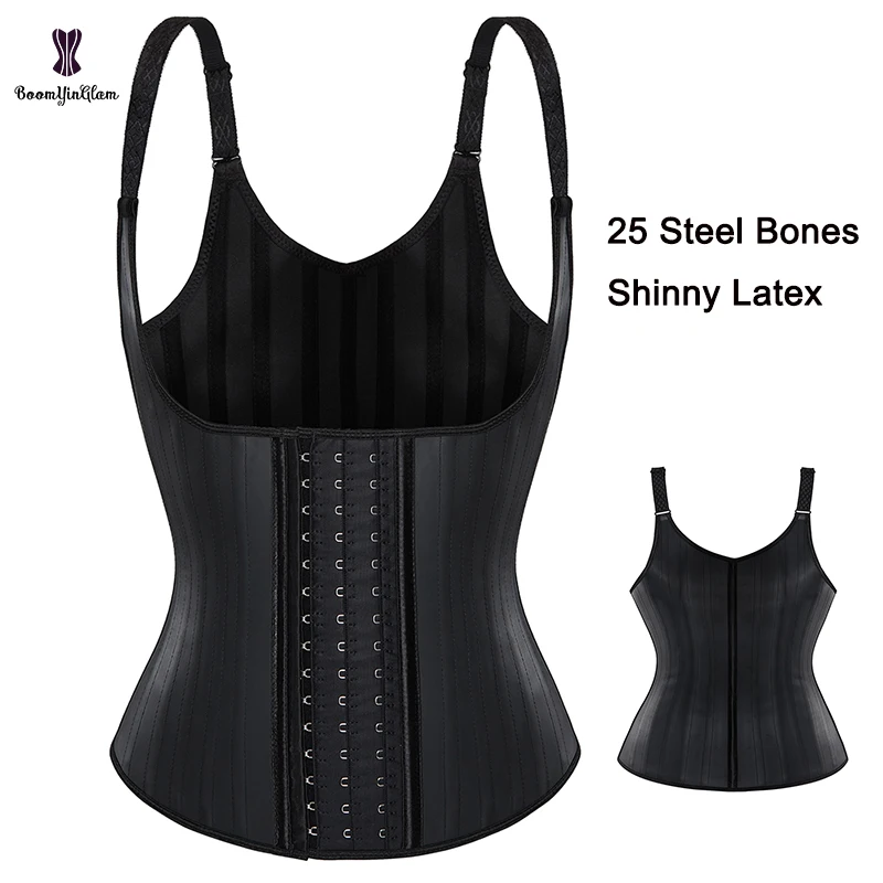 Black Ivory Women 3 Hooks And Eyes Adjustable Strap Leather Latex Waist Trainer Vest 25 Steel Bone Corset For Weight Loss