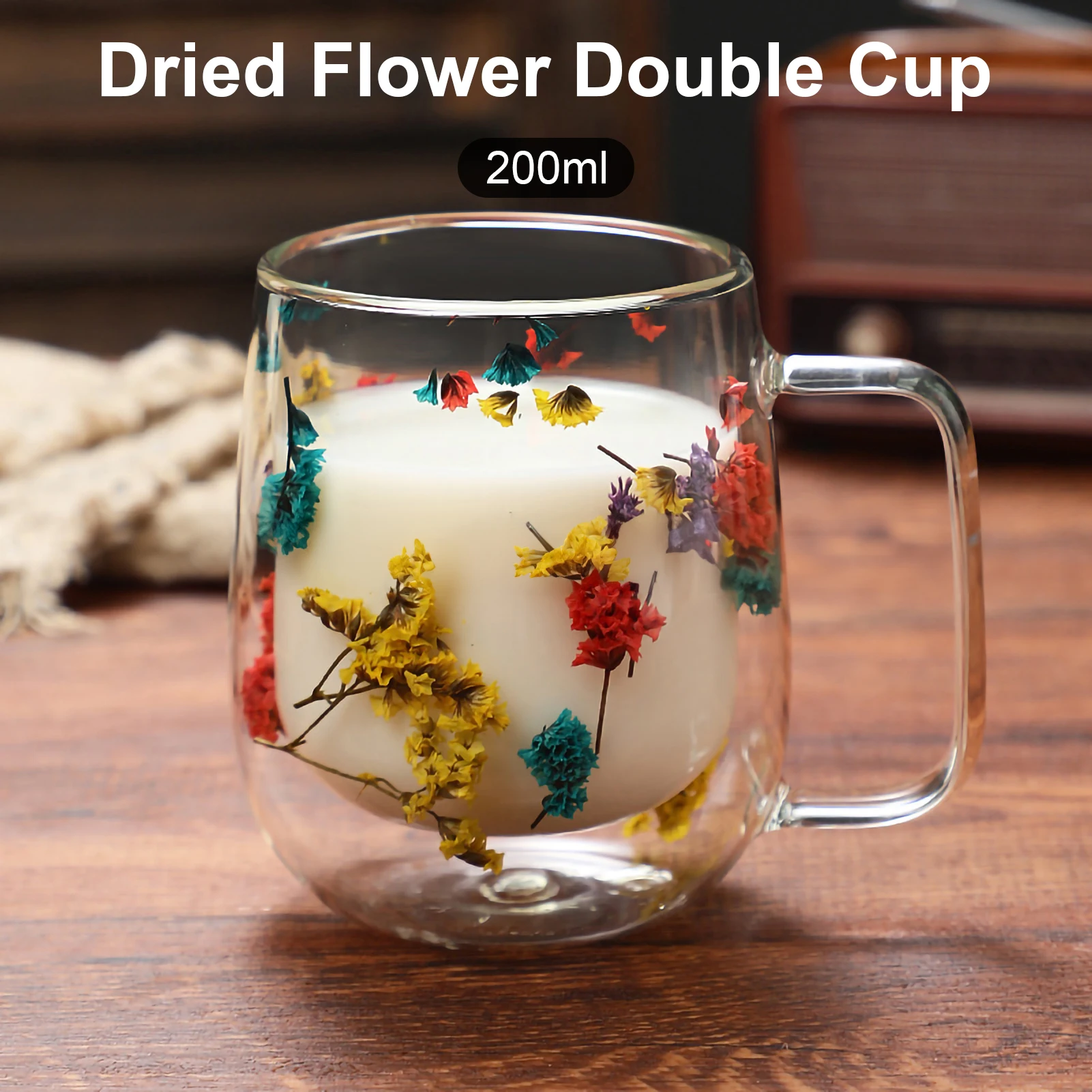 DoubleLayerGlassCupwithDryFlowerDecorationCoffeeCupWith