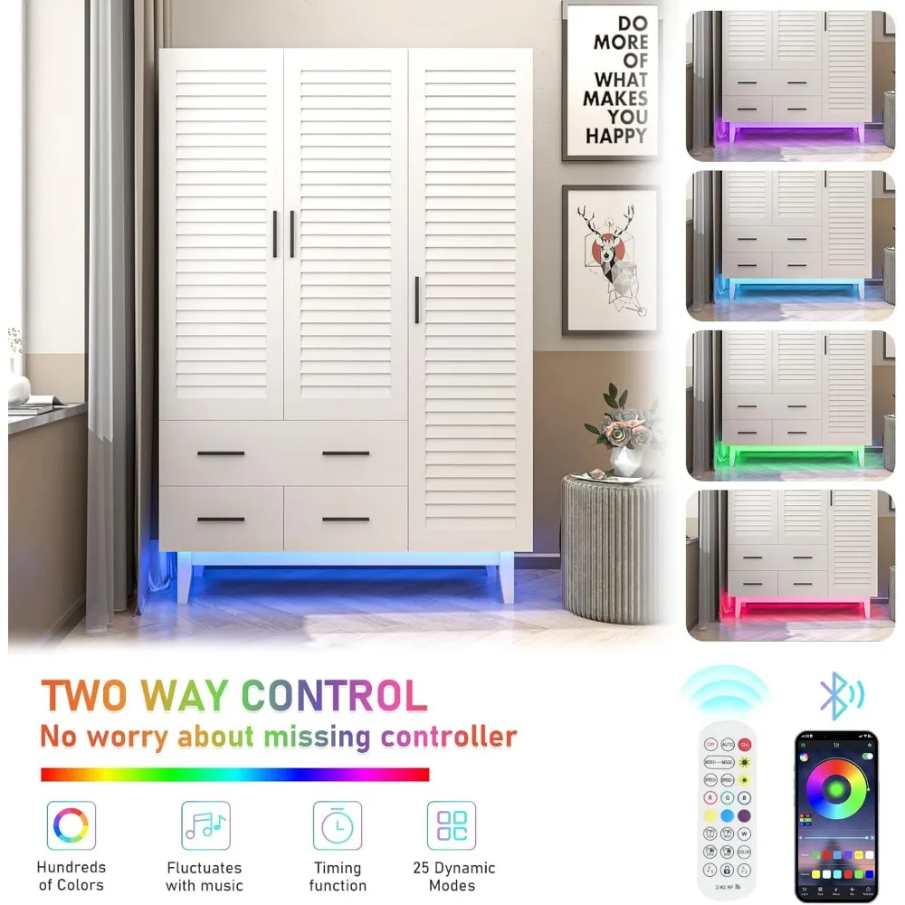3 Door Armoire Wardrobe Closet Cabinet with Drawers and LED Lights, Multi-Tier Shelves, Hanging Rod & 3 Louver Doors 4