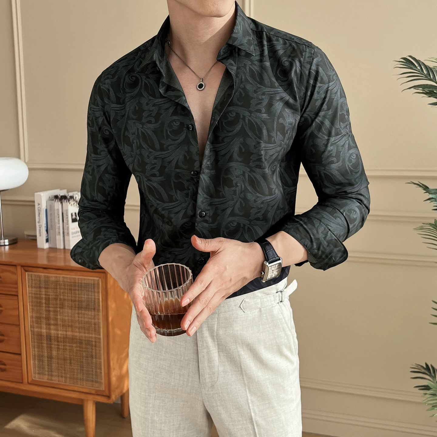 chinese dress ladies Long Sleeve Shirt Men Korean Slim Double Collar Design Solid Casual Dr –  SeloYoha main image 0