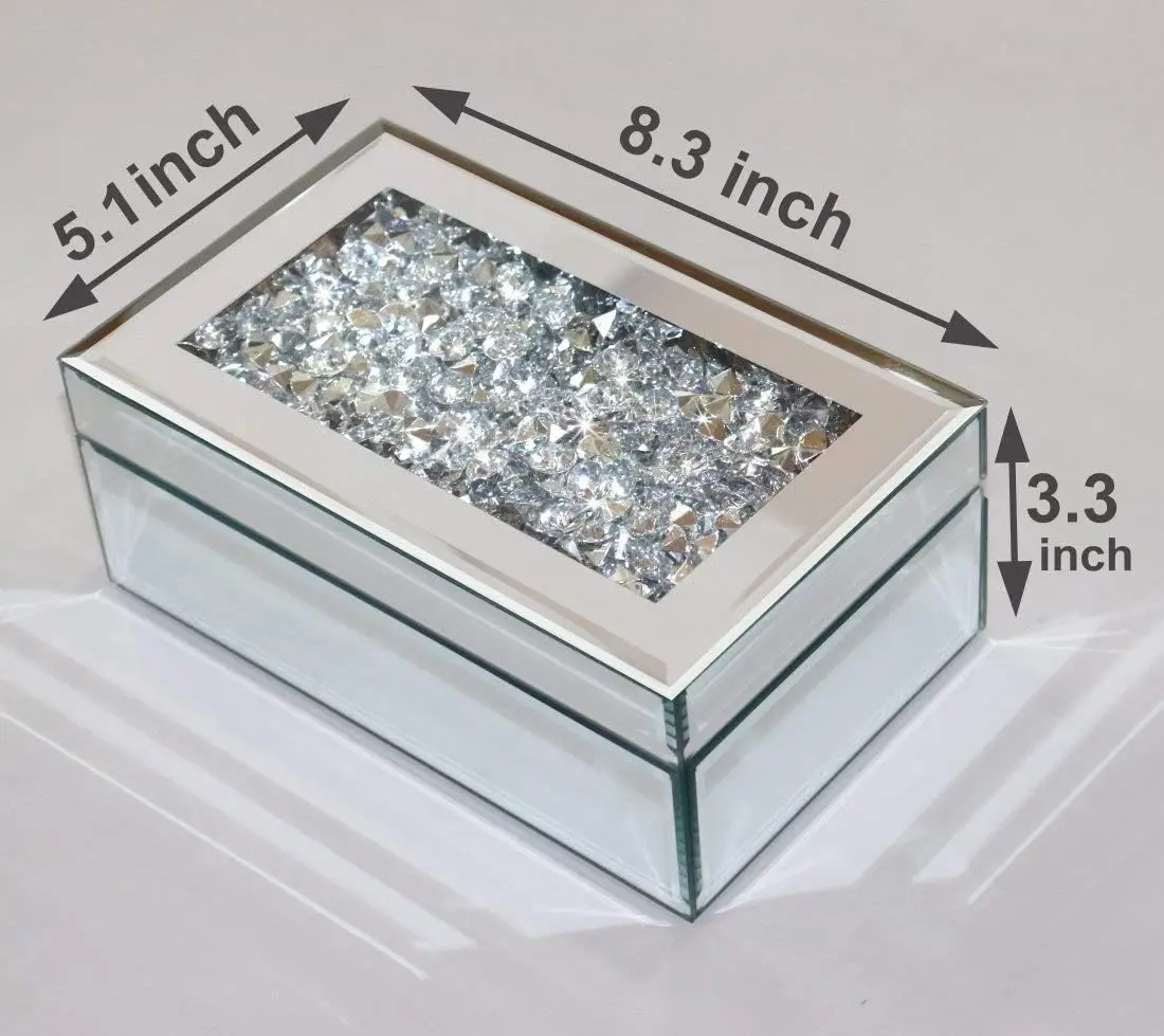 Luxury Silver Crushed Diamond Glass Mirrored Jewelry Box Storage Earrings Necklace Makeup Drawer Organizers Gifts for Women 4