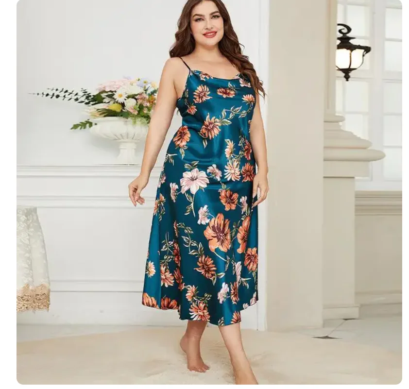 XL-5XL Big Size Sexy Suspender Nightdress Sleepwear Lingerie Summer Women Nightgown Loose Silky Satin Dressing Gown Loungewear - Image 4
