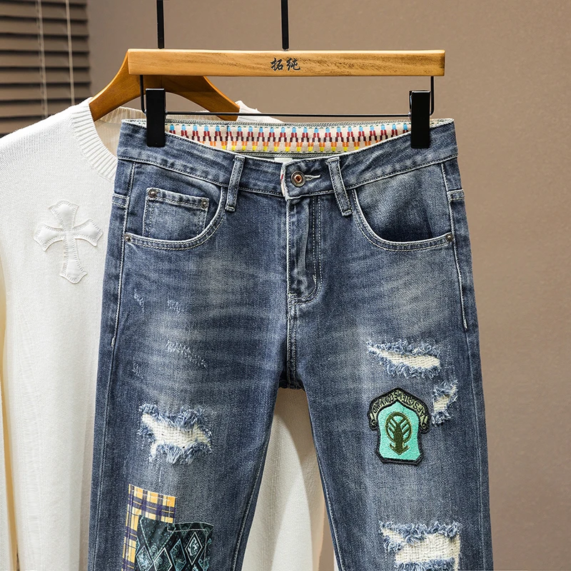 2024 New light luxury MEN'S jeans fashion splicing patch slim heavy embroidery plump handsome personality casual street denim