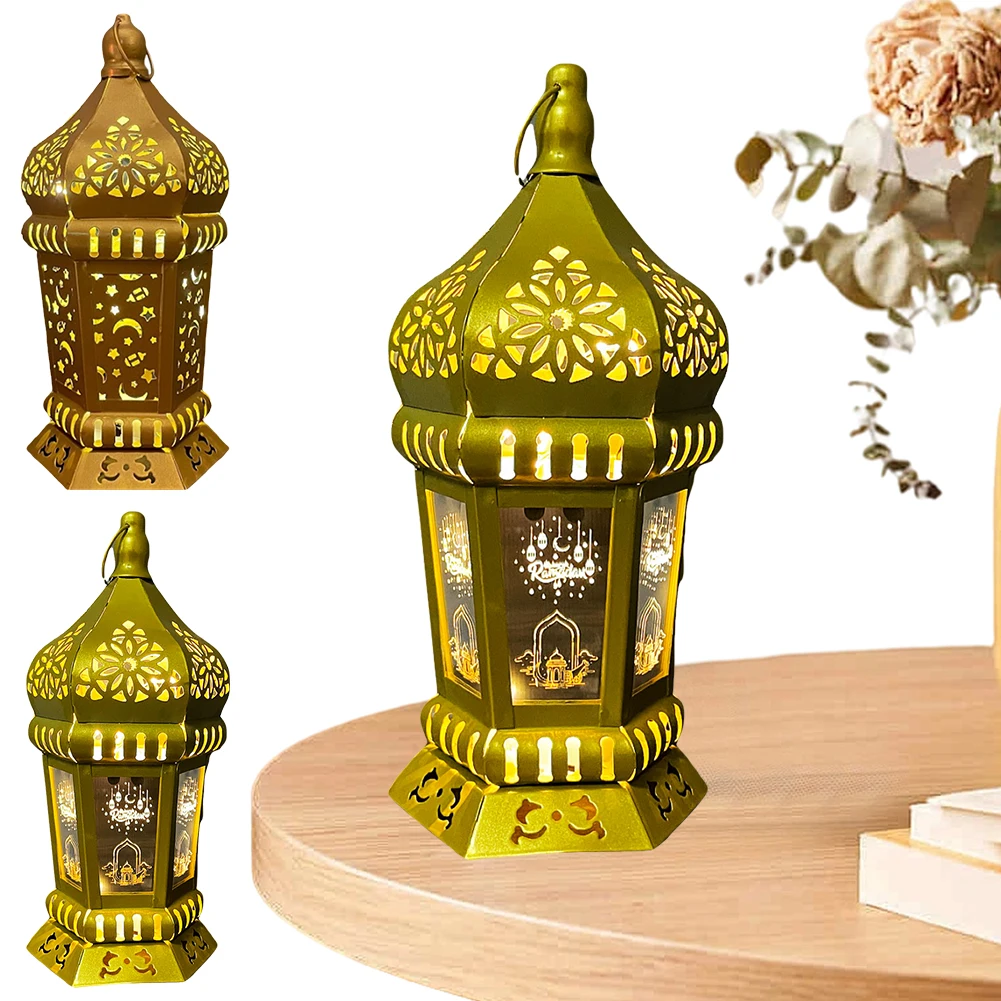 Iron Eid Mubarak Night Light Moroccan Lantern Ramadan Wind Light for Home Eid Mubarak Islamic Muslim Decoration