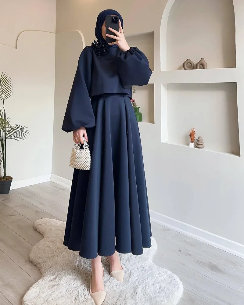 2024 New Islam Abaya Dress Flower Lantern Sleeves Loose Women's Dress Muslim Sets Two Piece Set for Middle East Dubai