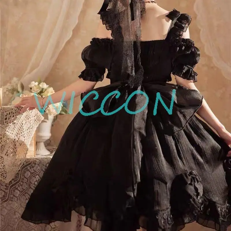 Japanese Victorian Gothic Lolita Dress Women Black White Elegant Backless Fairy Dresses Girly Kawaii Sweet Cosplay Mini Vestidos