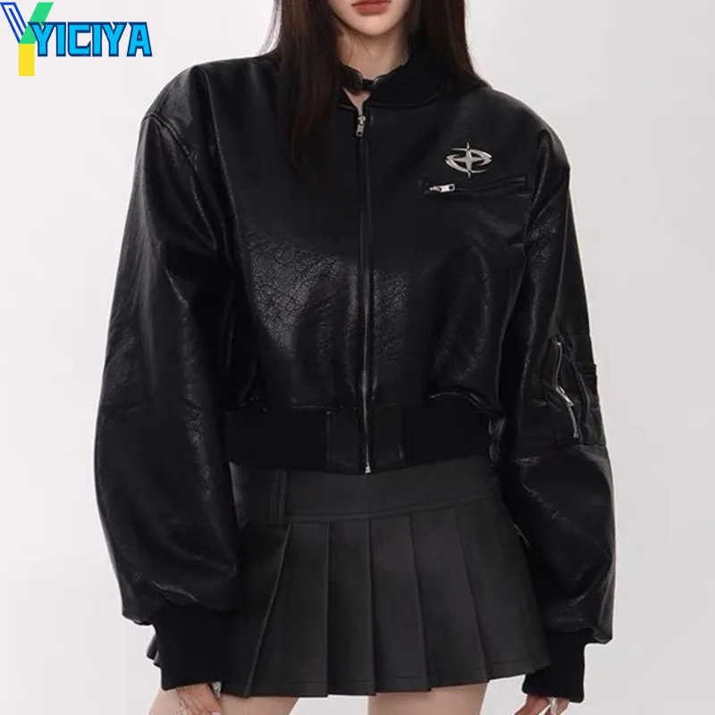 

YICIYA black Leather Jacket Bomber Woman Varsity Long Sleeves Bombers American Vintage Motorcycle Jackets new Embroidered Coats