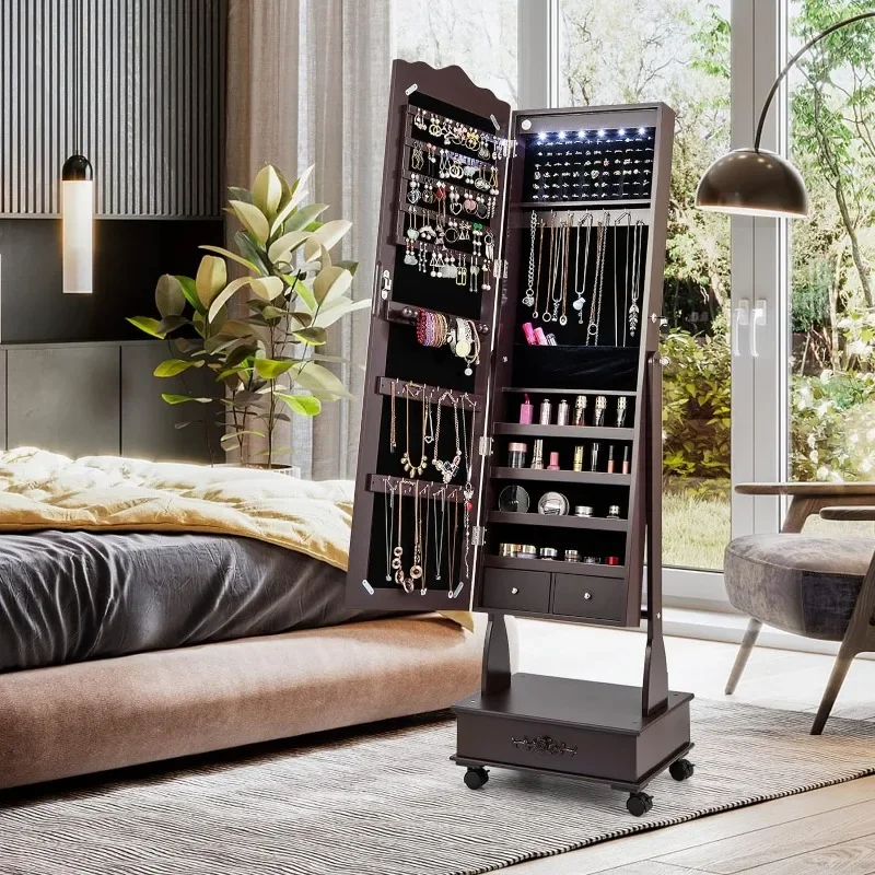 Jewelry Cabinet Armoire Freestanding, Lockable Jewelry Organizer with 3-position Adjustable Angle, Wheels, Full-length Mirror 2