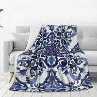 Blue Ornate Floral Mediterranean Sicilian Tile Blankets Flannel Throw Blankets Sofa Throw Blanket For Couch Bedding Throws Quilt 2