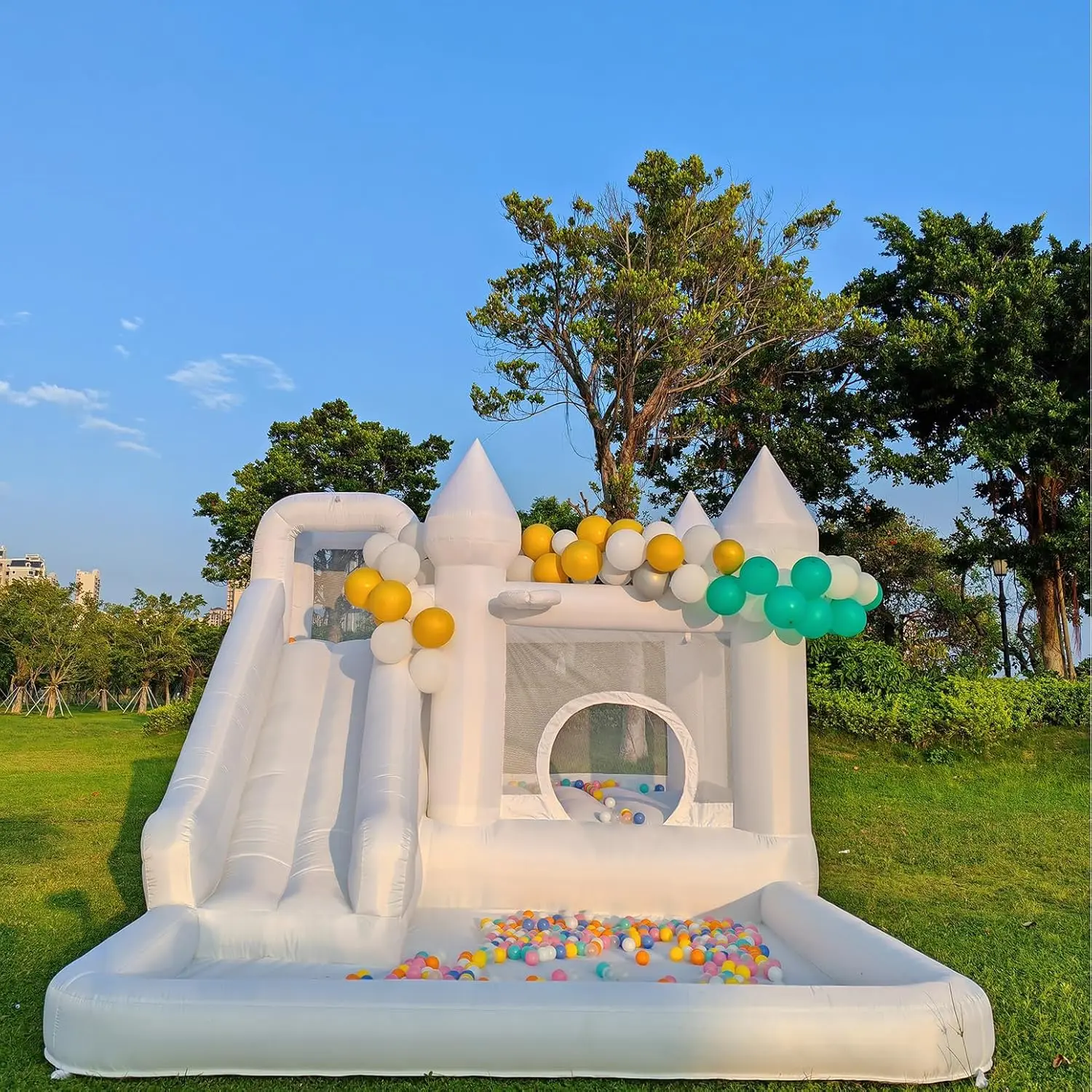Inflatable White Bounce House with Slide Ball Pool and Blower PVC Jumping Castle for Kids Birthday Wedding Party Outdoor