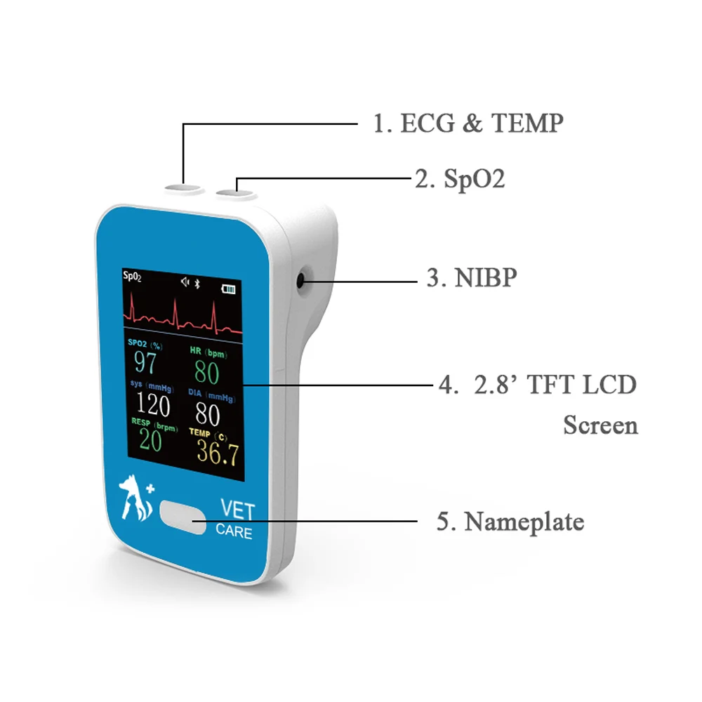AM6200 Veterinary Handheld Vital Signs Monitor Animal Bluetooth APP Patient Monitor SpO2/HR/Temp/ECG/RR/NIBP Medical Equipment