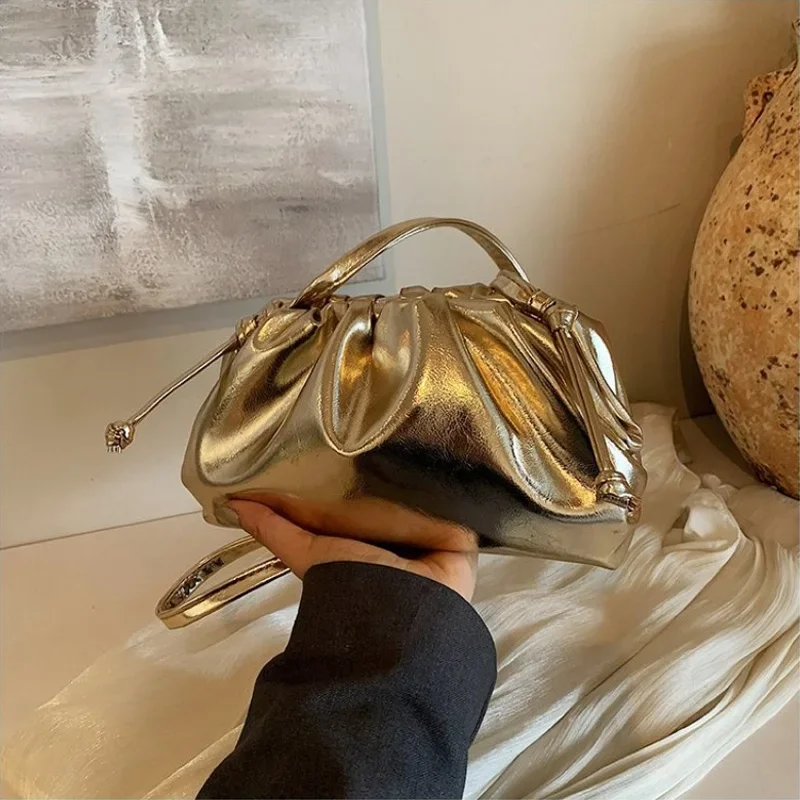 Small Luxury Design Women's Soft PU Leather Gold Silver Cloud Hobo Bag Elegant Dressy Handbag Ruched Dumpling Party Clutch Purse