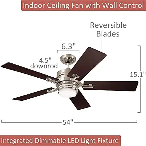 Amhurst LED Ceiling Fan, 54 Inch Dimmable Lighting with 4-Speed Wall Control | Indoor Metal Fixture with 5 Reversible Wood Blade