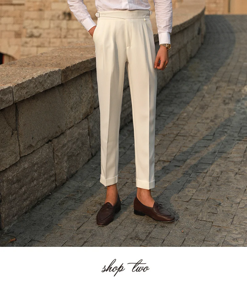 Khaki Fashion Mens Dress Pant High Waist Straight Pants Men Fall Business Versatile Belt Trousers Gentleman Paris Button Pants blazer for men wedding