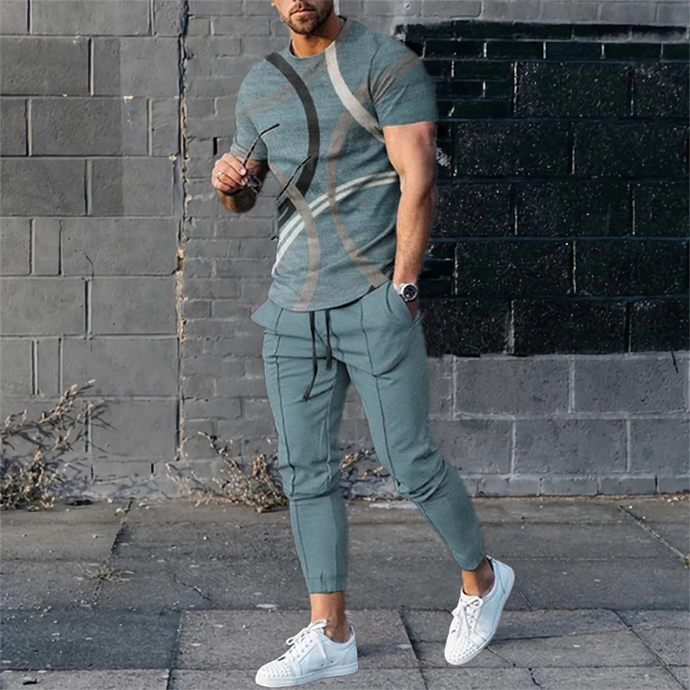 Summer Tracksuits Men's Suit Casual Trousers Set Print Stripe Short Sleeve T Shirt Round Neck Men Clothing 2 Piece Outfits 3