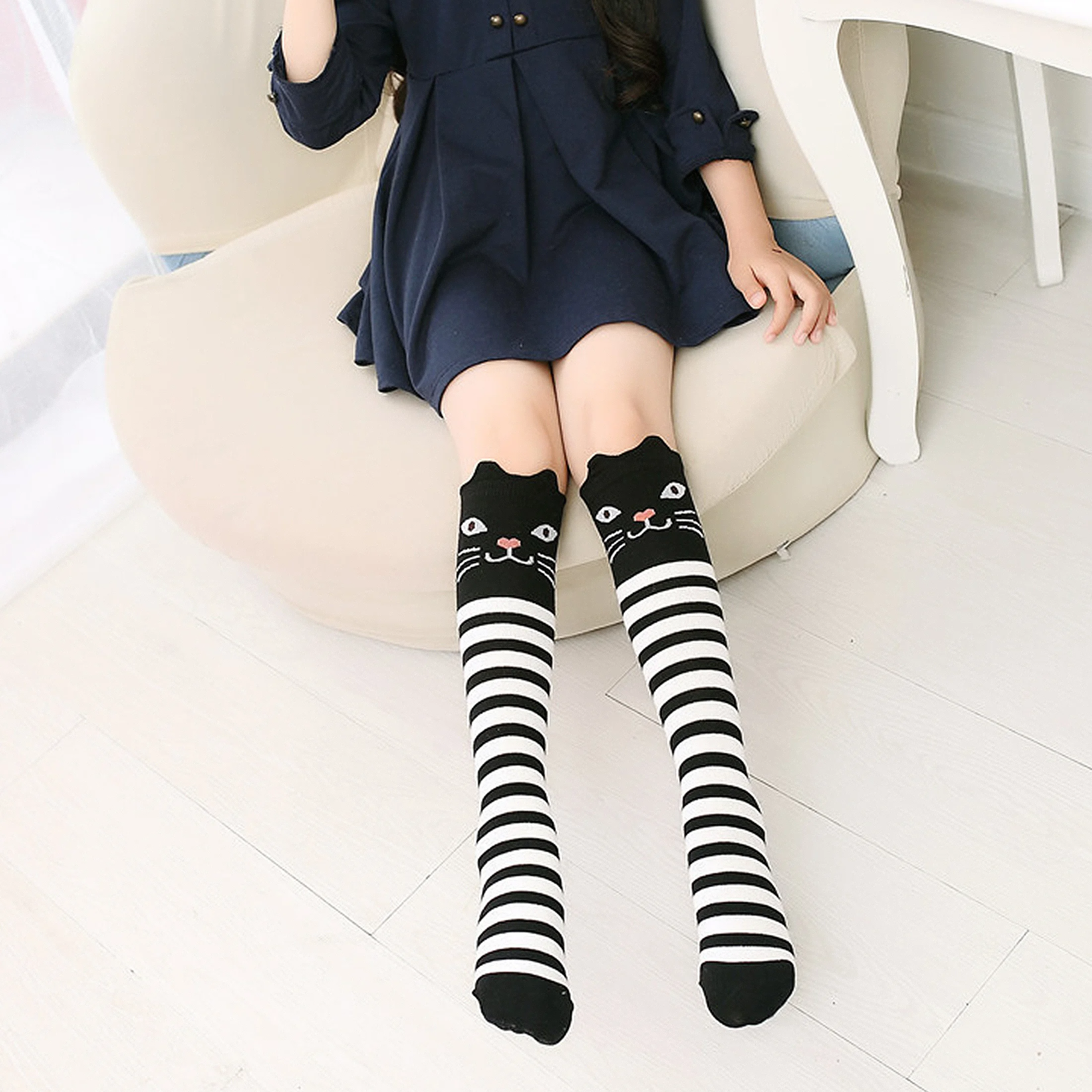 2 Pairs of Cat Striped Knee-High Socks for Girls