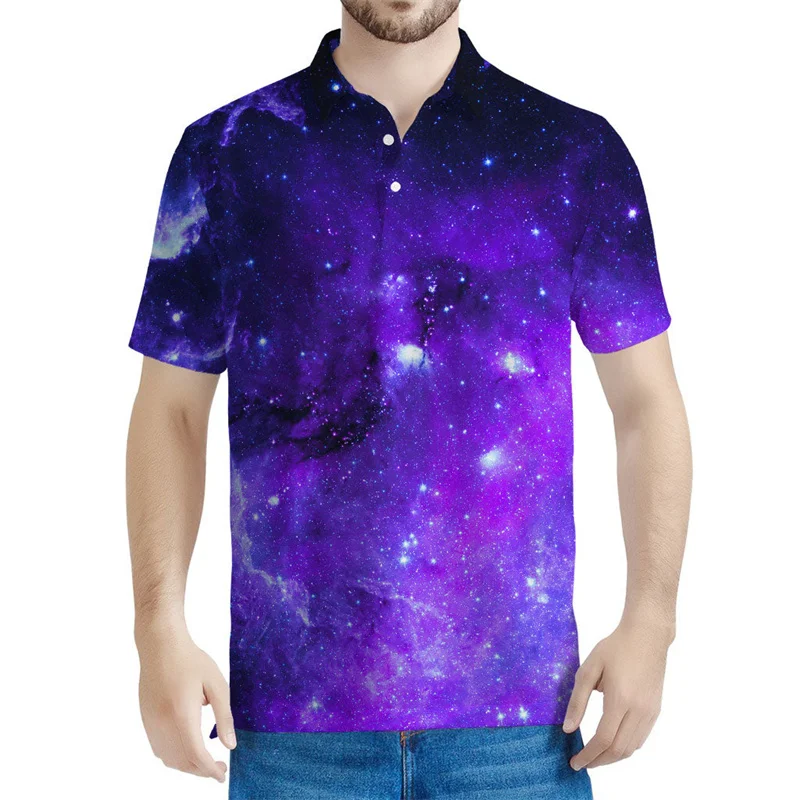 

Рубашка-поло мужская с принтом 3D, цветная туманность, Космический узор Галактики, короткий рукав, лацкан, Повседневная Уличная одежда на пуговицах