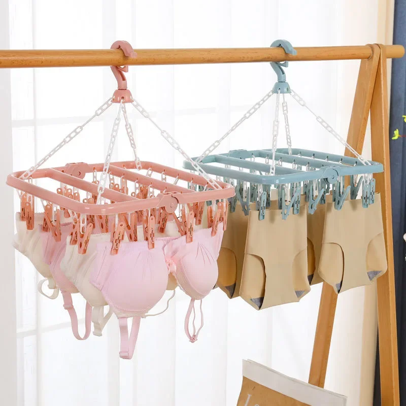 32 Clips Folding Clothes Dryer Hanger Children Adults Clothes Dryer Windproof Socks Underwear Plastic Drying Rack Clothes Hanger 2