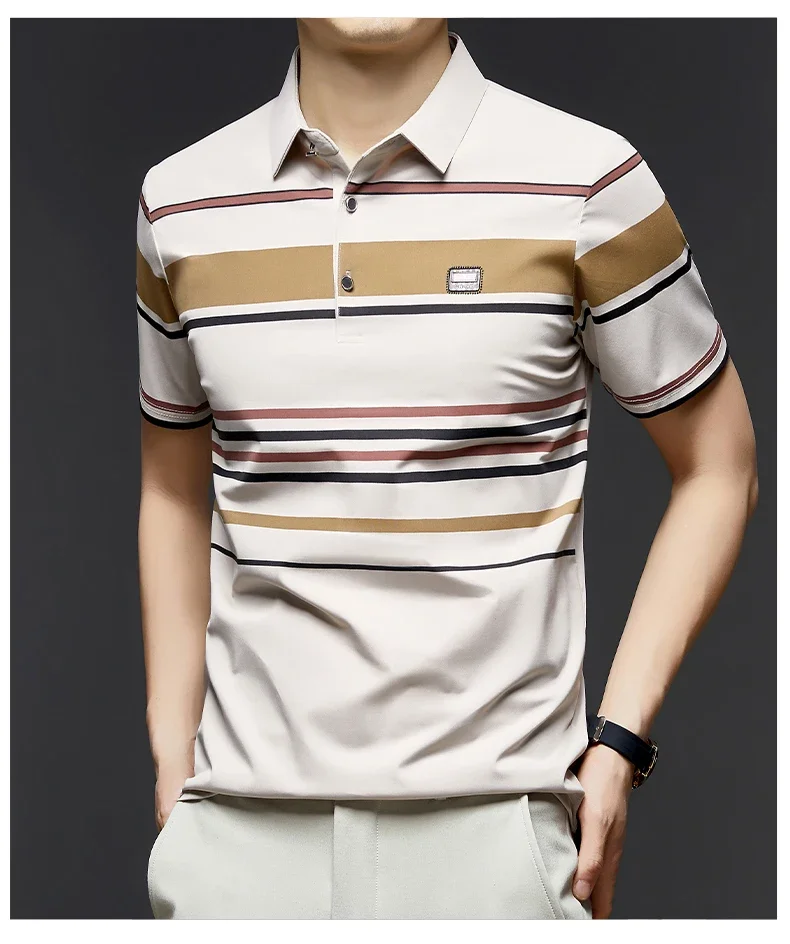 BROWON Brand 2025 Summer Shorts Polo Shirt Men Tshirt Luxury Wide Striped Lapel Collared Polo Shirt for Work Business Men 24 S2fc1328cc3de42b1bab014975fd5b041K