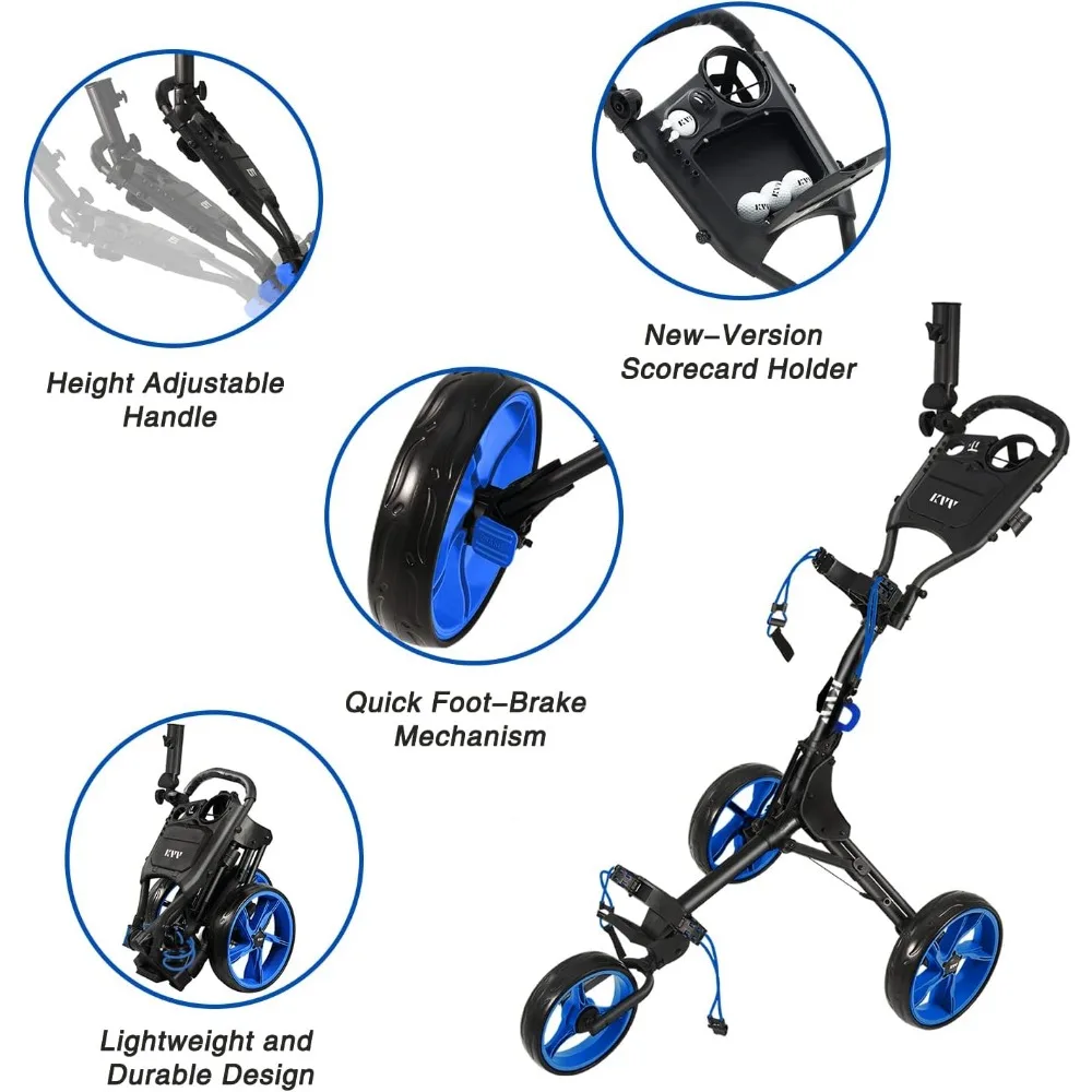 3 Wheel Golf Push Cart Ultra Lightweight Smallest Folding Size, New-Version Scorecard Holder