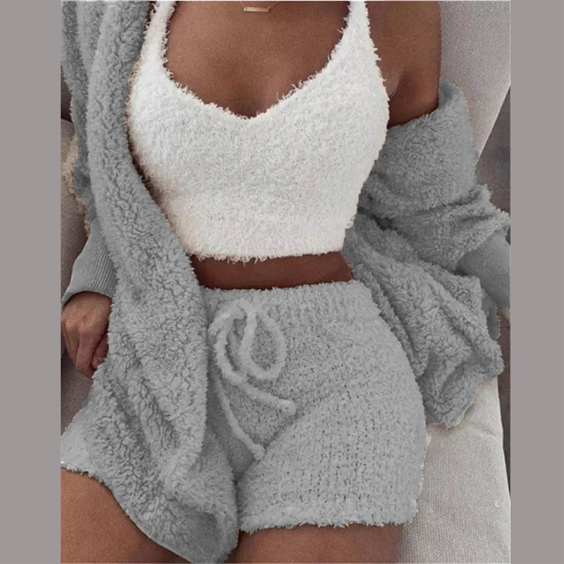 co ord sets women Three Piece Sexy Fluffy Outfits Plush Velvet Hooded Cardigan Coat+Shorts+Crop Top Women Tracksuit Sets Casual Sports Sweatshirt shorts co ord