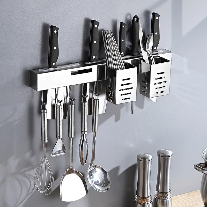 

304Stainless Steel Kitchen Multi-Functional Simple Holder Punch-Free Wall-Mounted Chopsticks Knife Storage Rack