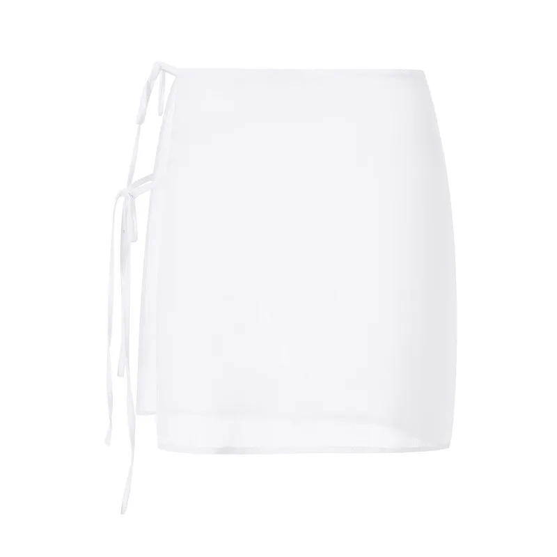 See Through Lace Up Sheer Skirts Swimsuit Cover-Ups Solid Color Beach Skirts For Women Summer High Waist Mini Cover Ups 5
