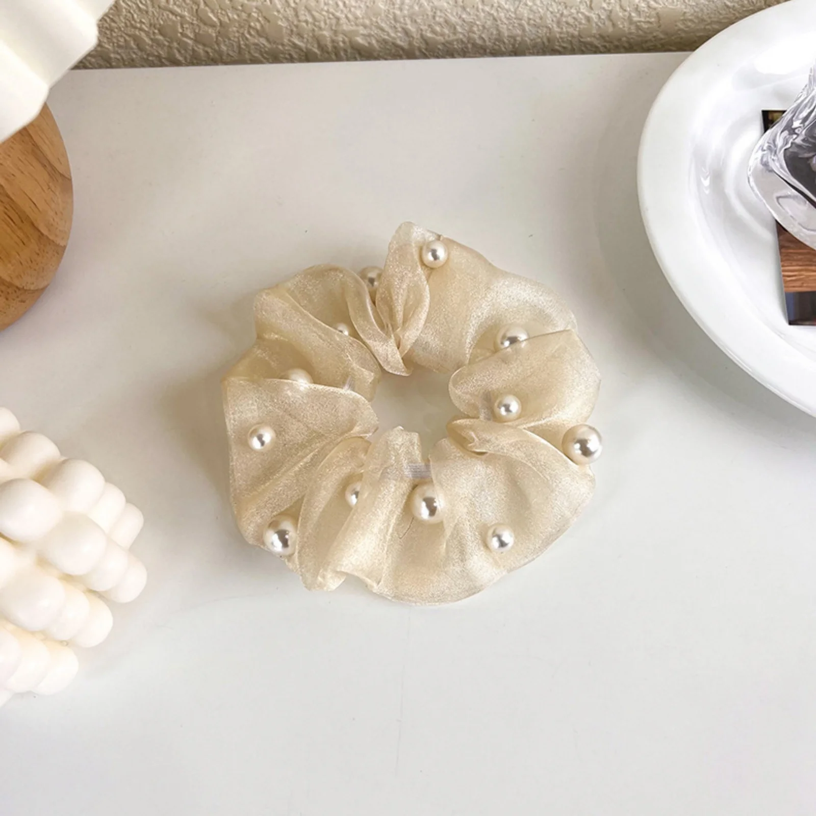 1PC Elegant Organza Scrunchies with Pearls, Women's Stylish Hair Accessories, Must - Have Hair Grips