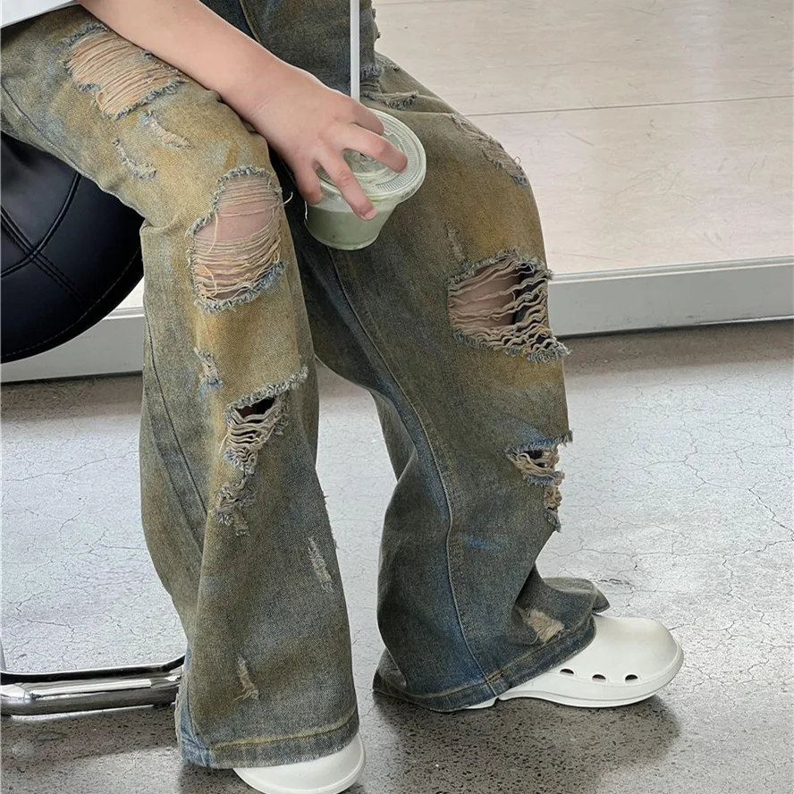 

Детские джинсовые брюки, новинка весны-лета 2024, модные рваные джинсы в стиле ретро для мальчиков, Длинные Красивые крутые детские джинсы