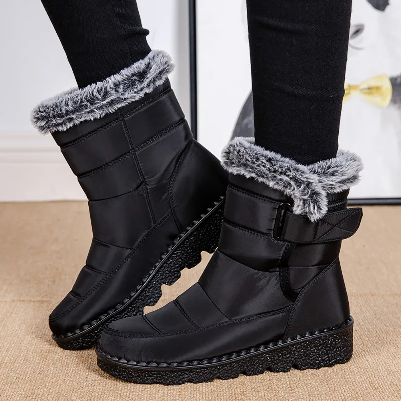

Женские ботинки без шнуровки, теплые однотонные ботильоны из флока с круглым носком и плюшем, обувь на низком каблуке для зимы, 2023