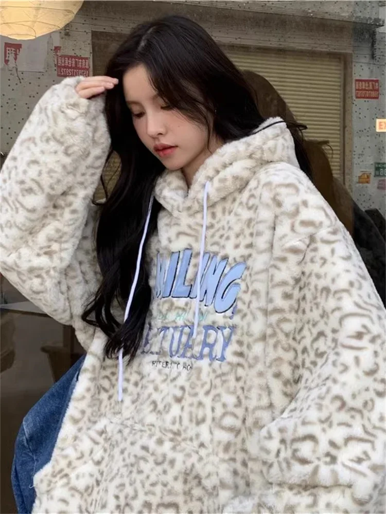 

QWEEK Harajuku Fleece Hoodie Women Y2K Streetwear Leopard Print Hooded Sweatshirts Oversize Korean Fashion Embroidery Winter Top