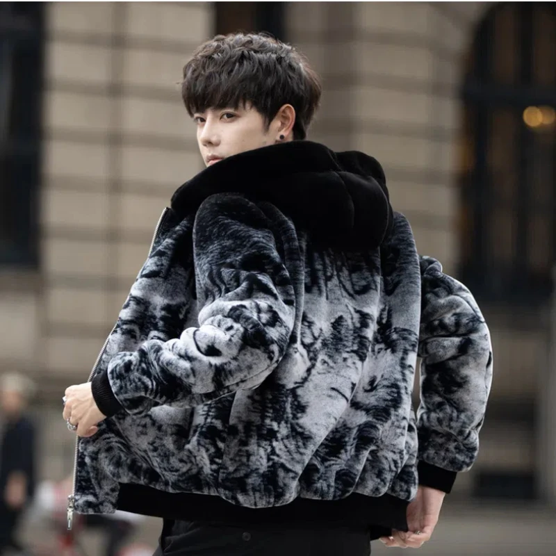 Autumn Winter New Fashion Long Sleeve Hoodies Leopard Lamb Wool Trench Men's Clothing Korean Zipper Warm All-match Trend Tops