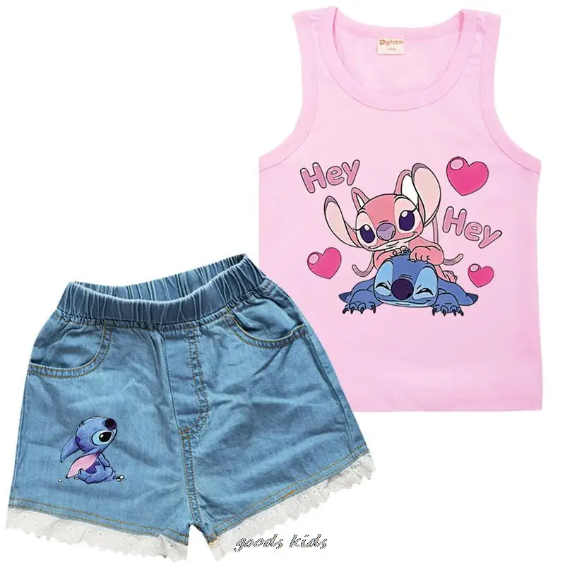 Set di vestiti estivi per bambini Lilo e Stitch ragazzi e ragazze t-shirt e Jeans pantaloni 2 pezzi set di abbigliamento per bambini