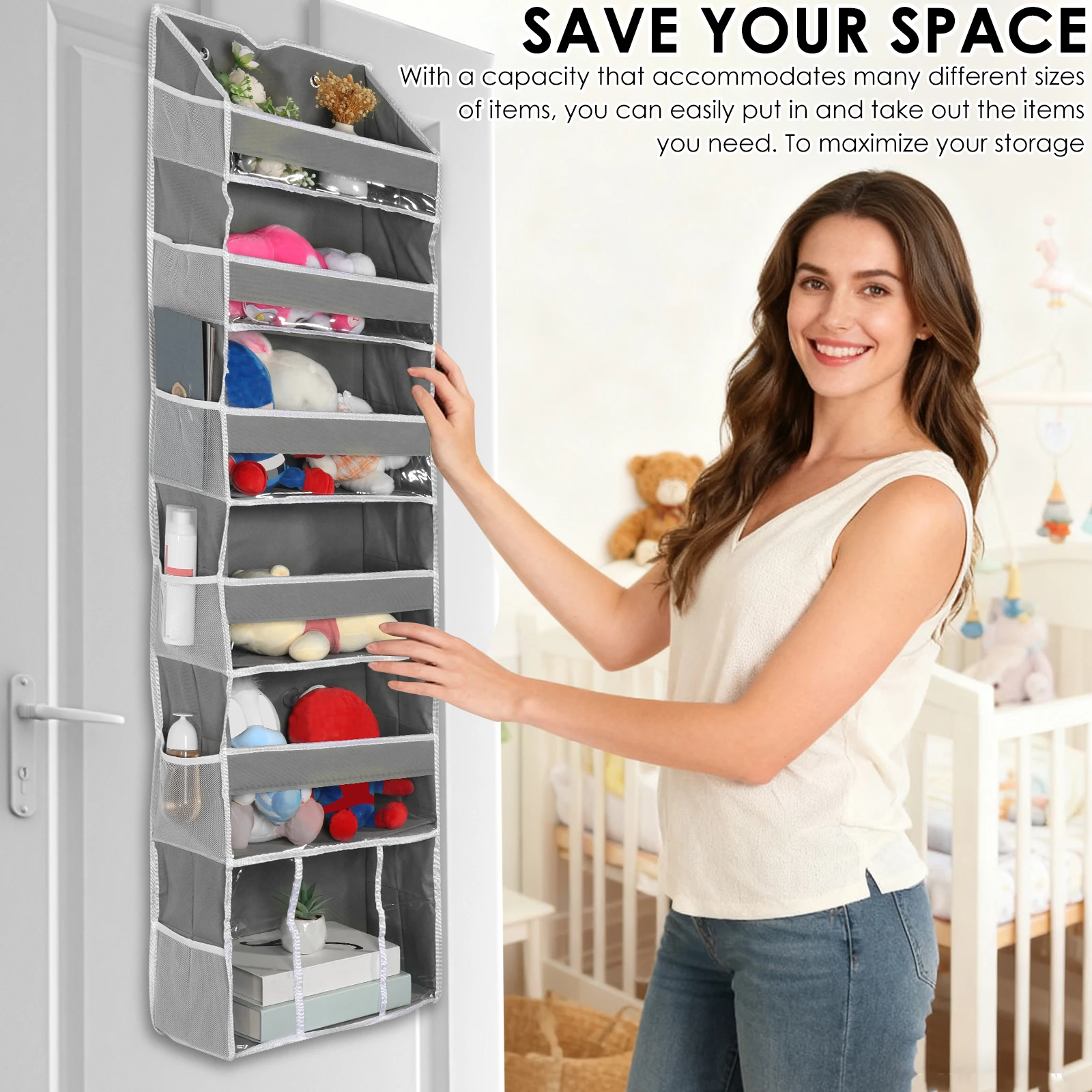 6 Layer Over the Door Organizer Nonwoven Hanging Storage Bag with 6 Side Mesh Pockets Large Capacity Pants Clothes Toy Organizer