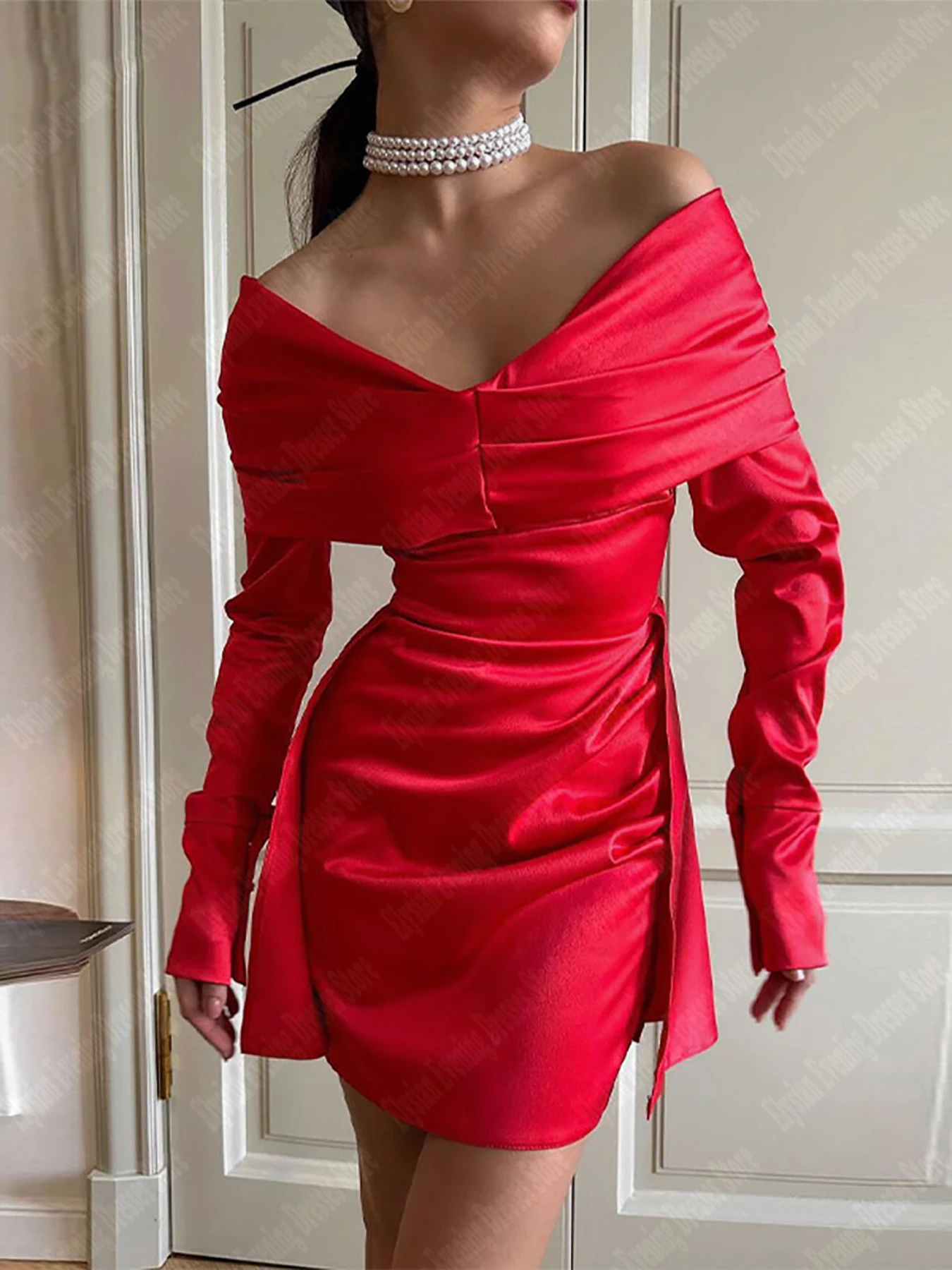 Red Short Mini Evening Dresses For Woman Long Sleeves Backless Off The Shoulder Slimming And Buttocks Wrapping Newest Prom Gown