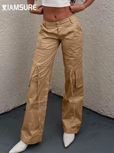 

IAMSURE Loose Solid Big Pockets Cargo Jeans Casual Mid-Waisted Drawstring Wide Leg Pants Women 2022 Spring Autumn Streetwear