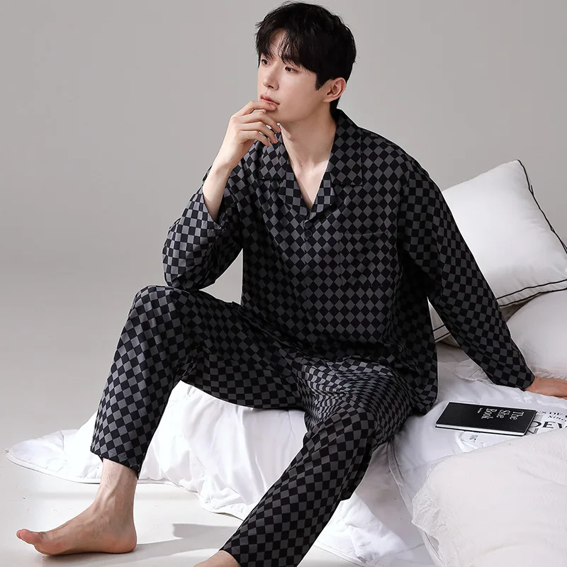 Spring Autumn Men's Thin Ice Silk Pajamas Lapel Long Sleeve Cardigan Pants Casual Home Clothing Set Luxury Printed Sleepwear