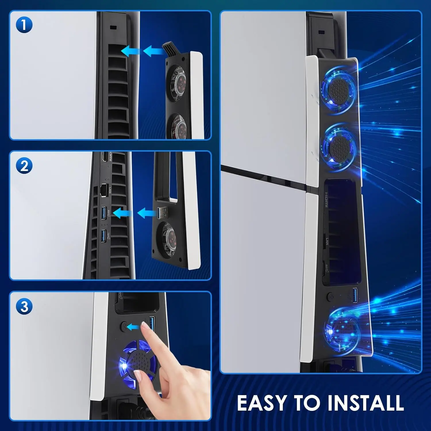 조명이 있는 조용한 냉각 선풍기 스테이션, PS5 슬림 게임용 액세서리, USB 3.0 허브 포트 냉각 시스템