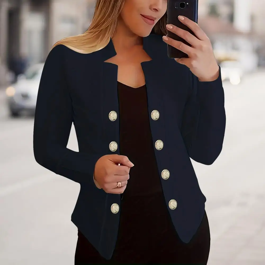 

Elegant Long-sleeved Jacket Thick Warm Women's Notch Collar Long Sleeve Solid Color Cardigan Button Decor Office Coat for Formal