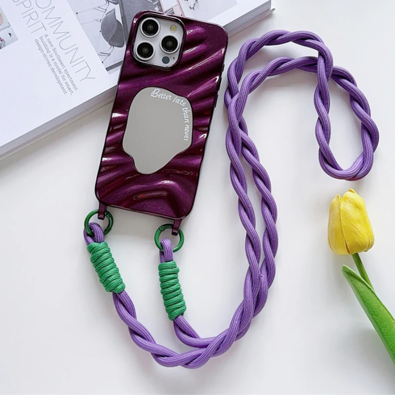 Mirror 3D Wave Crossbody Lanyard Strap Case For iphone 16 15 14 11 12 13 Pro Max X XR SE 2 3 8 7 6S 6 Plus Silicone Soft TPU Cover_voghion.com