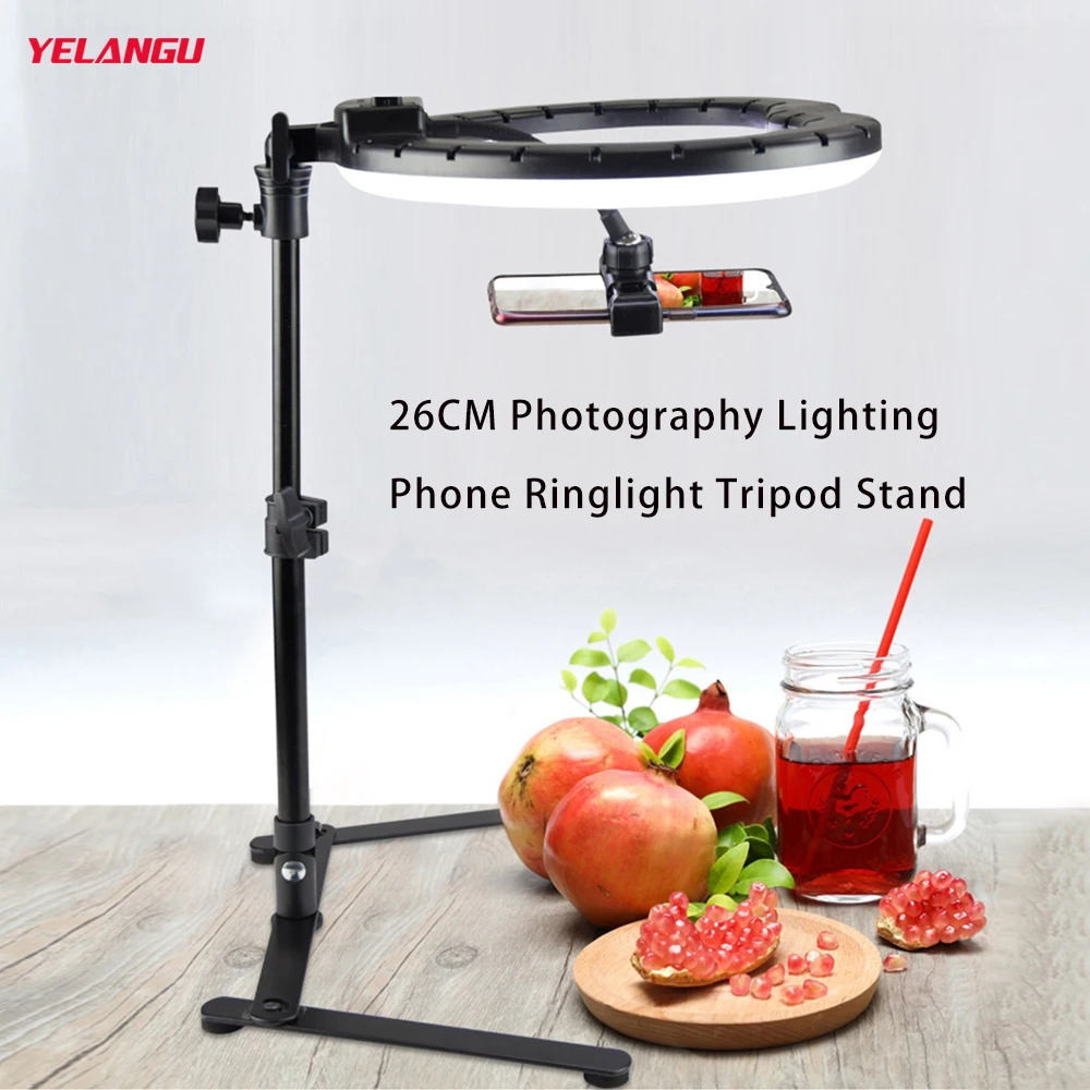 

YELANGU Overhead Tripod 26CM Lighting Phone Ringlight Tripod Stand Photo Led Selfie Remote Fill Ring Light Lamp Video Youtube