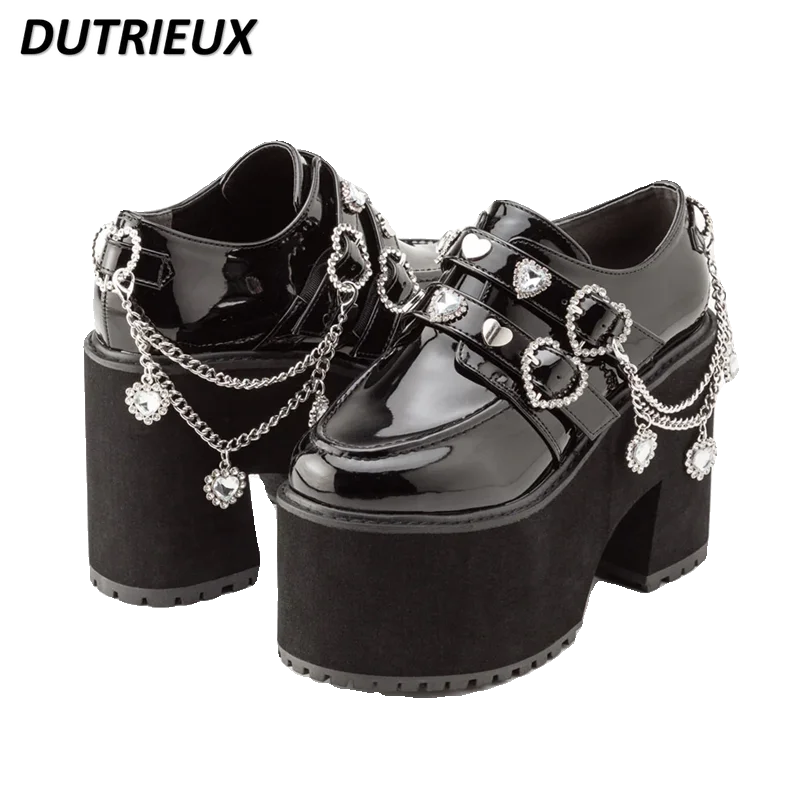 Japanese Lolita Style Rhinestone Love Chain Platform High Heels Mine Sweet Cute Women's All-matching Kawaii Pumps Shoes