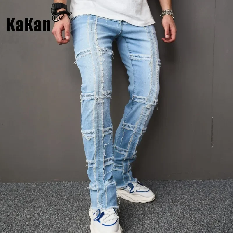 Kakan - European and American New Patch Slim Fit Pencil Pants Jeans for Men, Blue Feet Elastic Long Jeans K9-908