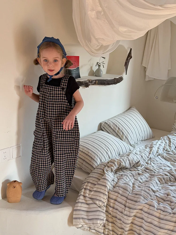 2025 Spring New Children Plaid Overalls Cotton Boys Thin Casual Pants Breathable Baby Girls Loose Strap Trousers Kids Clothes