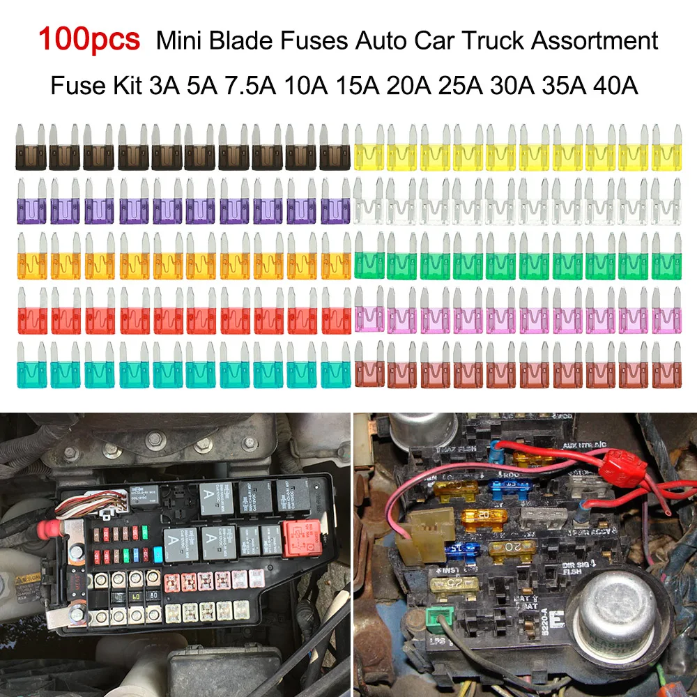100pcs Mini Blade Fuses Auto Car Truck Assortment Fuse Kit 40A 3A 5A 7.5A 10A 15A 20A 25A 30A 35A