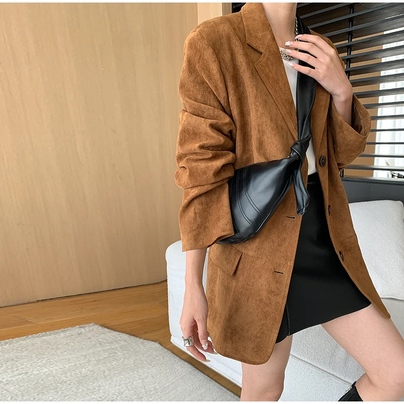 Casual Suede Long Sleeve Jackets Women Autumn Loose Brown Lapel Coat Top With Pockets Female Elegant Chic Street New in Outwear